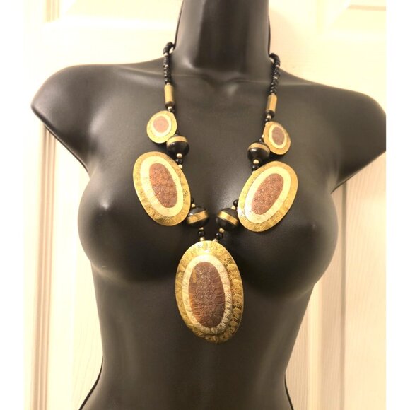 Vintage 107g Hammered Brass Copper Onyx Necklace 26" Statement Boho Tribal - Picture 4 of 8